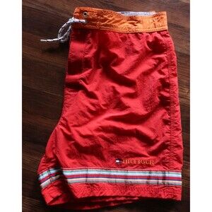 Tommy Hilfiger Y2K Red Rainbow Stripe Swim Shorts Men 6" Inseam Mesh Trunks XL